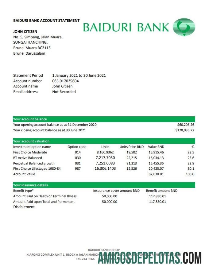 Extrato bancário de Brunei Baiduri para download, modelo fácil de preencher em formato Excel e PDF (AutoSum)